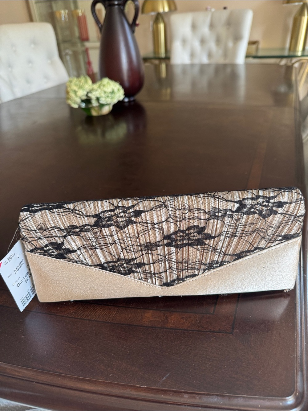 Gold Envelope Clutch with Black Lace Overlay